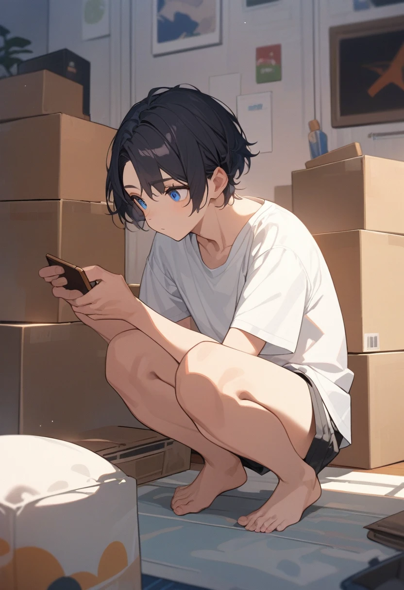 masterpiece, best quality, extremely detailed, ultra detailed, flat anime, 2D,
((1boy)),black hair, (short hair:1.5),blue eyes, height 1.7meters, (circle eyes:1.2), (young adult:1.2), Ear-length sideburns,
long Sleeves, White T-shirt, barefoot,
squatting, looking away, expressionless,
summer, 12AM, livingroom,organizing the boxes., I'm looking at the material in my hand.