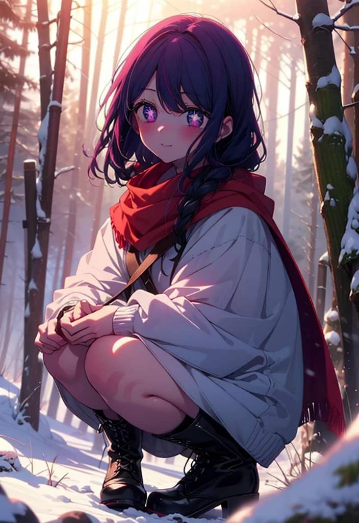 aihoshino, Ai Hoshino, Long Hair, bangs, (Purple eyes:1.1), Purple Hair, (Symbol-shaped pupil:1.5), smile,,smile,blush,white breath,
Open your mouth,snow,Ground bonfire, Outdoor, boots, snowing, From the side, wood, suitcase, Cape, Blurred, , forest, White handbag, nature, Squat, Mouth closed, Cape, winter, Written boundary depth, Black shoes, red Cape break looking at viewer, Upper Body, whole body, break Outdoor, forest, nature, break (masterpiece:1.2), Highest quality, High resolution, unity 8k wallpaper, (shape:0.8), (Beautiful and beautiful eyes:1.6), Highly detailed face, Perfect lighting, Extremely detailed CG, (Perfect hands, Perfect Anatomy),