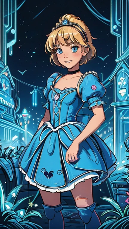 best quality,masterpiece,1girl,solo,(((13years old))),japanese girl,an extremely cute and beautiful girl,highly detailed beautiful face and eyes,petit,cute face,lovely face,baby face,shy smile,show teeth, Blonde hair,short hair,flat chest,skinny,slender,(((wearing a Cinderella costume))),(((standing in Dark Midnight Neon Glow light Disneyland))),he is looking at the viewer,
