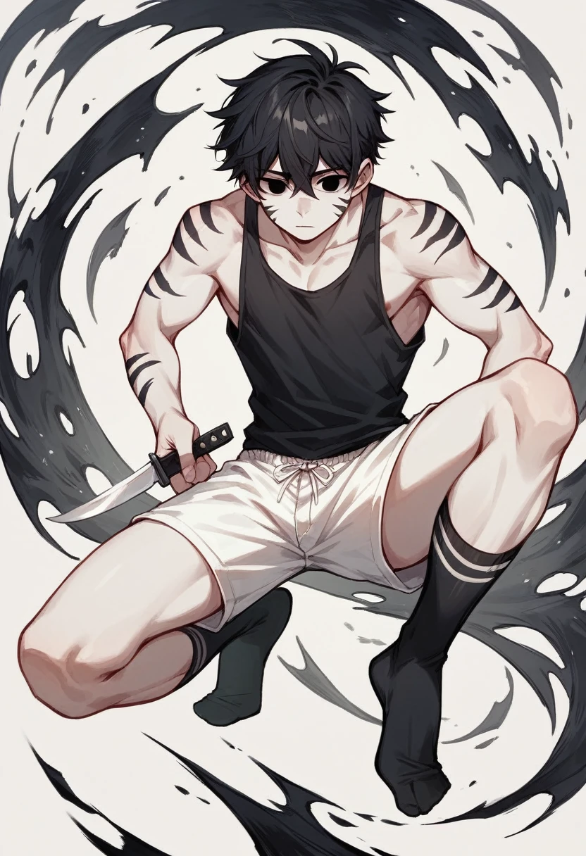 Boy with ear-length black hair, black eyes, emotionless face, straight body, wearing a black tank top, white shorts with black stripes, and long black socks and very white skin holding a knife on a white void with a white square carpet