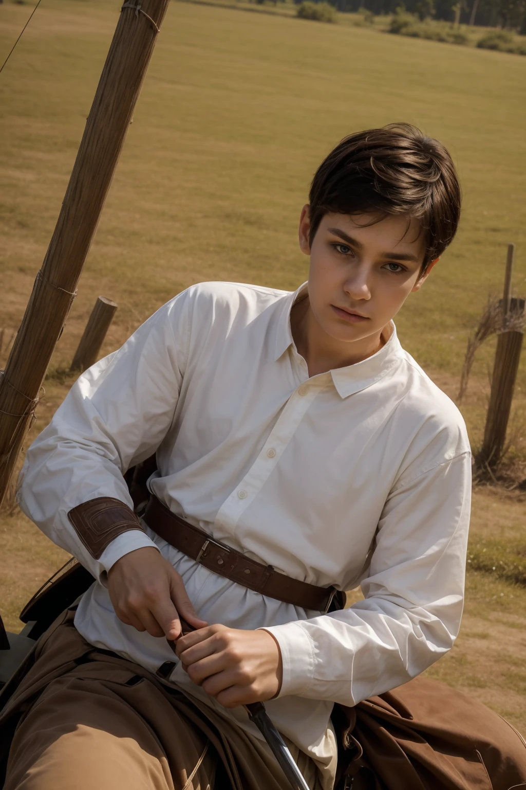 A cute twink male with a face with make-up and black hair. He is wearing a long-sleeved white shirt and brown pants. He is riding a horse and is on the battlefield fighting against the army. He has a sword, shield and arrows in his hand.