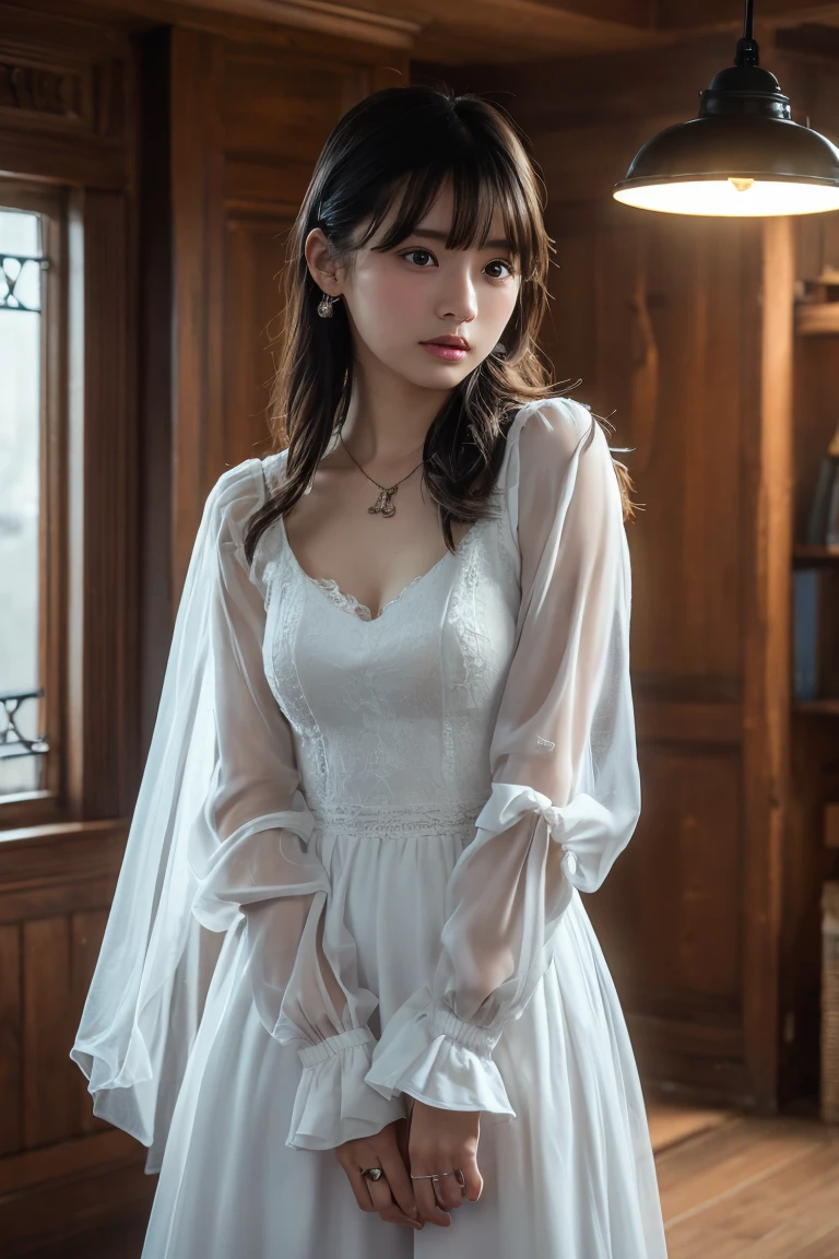 (Highest quality:1.4),(masterpiece:1.4),(Realistic:1.4),(Realistic:1.2),(超High resolution, RAW Photos:1.4),(High resolution, Ultra-detailed:1.2),(8k:1.2),View your viewers,Cinematic photography,One girl,skeletally correct,Black-haired woman,(Small earrings,necklace,White Dress,Long dress,race, Frills, Long sleeve,Beautiful body lines,View from the front),(Western-style building interior,Dimly lit room,The lamplight shines on my cheeks)