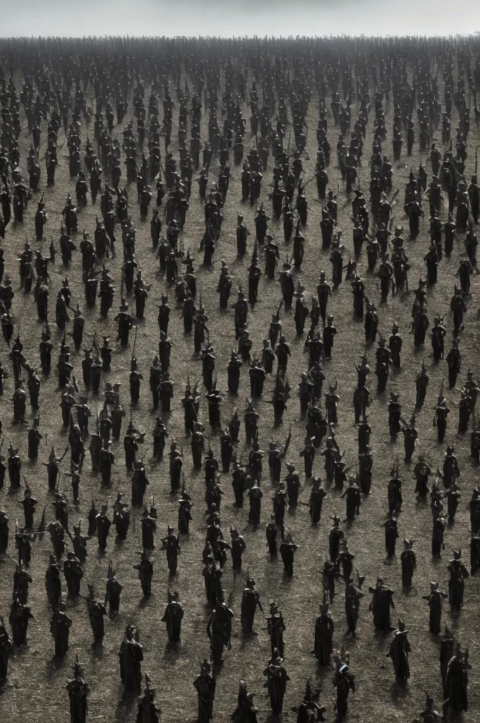 (((dark figures))), (((army))) of dark figures, (((many))) dark figures, marching ((toward the camera)), (barren landscape)