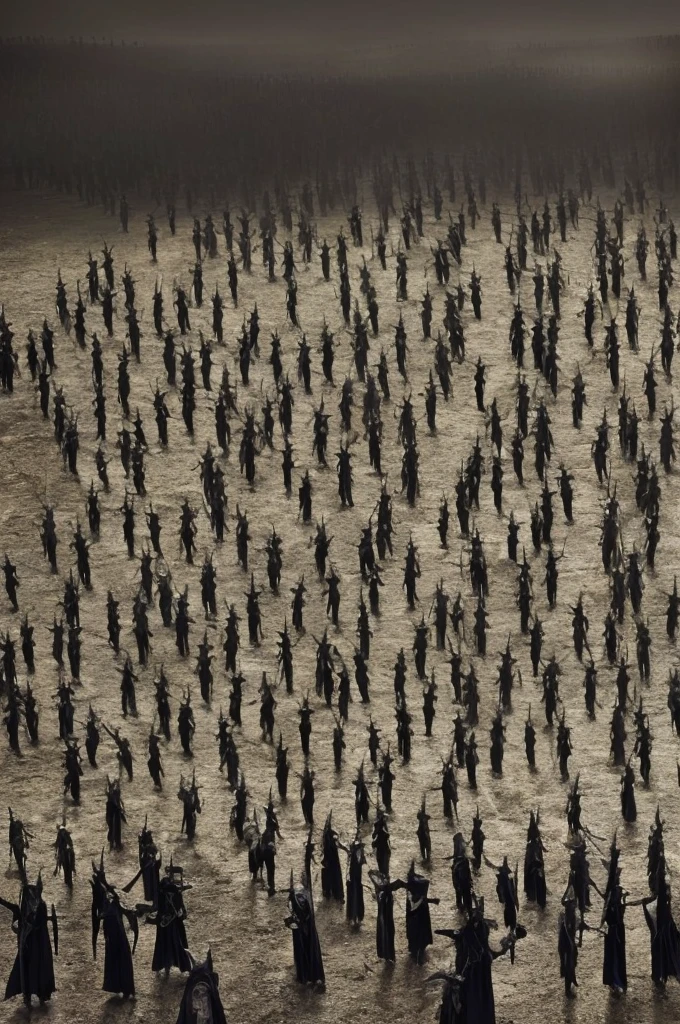 (((dark figures))), (((army))) of dark figures, (((many))) dark figures, marching ((toward the camera)), (barren landscape)