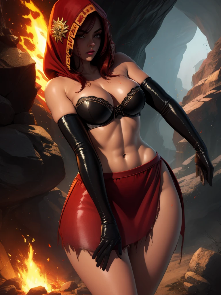 Dsorceress, redhair, shadowy face,dark cave, fire, hood, shadowed face, strapless bra, slim and athletic body, miniskirt, no panty, elbow gloves, dark skin, 1 girl (insanely detailed, masterpiece, best quality)