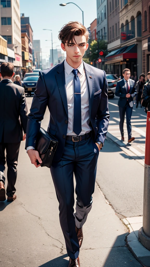 Alex stands on a busy city street during the early morning rush hour. Tall buildings line the street, and people bustle about, hurrying to their destinations. Alex, a young man in his late twenties, stands about 5'10" tall with a fit, athletic build. He has short, neatly styled brown hair and a clean-shaven face. His hazel eyes reflect a sense of urgency mixed with compassion. His facial features are extremely detailed and photorealistic, with beautiful detailed eyes, long eyelashes, and glowing skin. Dressed in a crisp white dress shirt, a light blue tie, and a tailored navy blue suit, he exudes professionalism. His polished black leather shoes shine in the morning light, and he carries a sleek black briefcase in his right hand. A modern silver watch adorns his left wrist. As he approaches the elderly woman, his expression softens, showing his readiness to help.