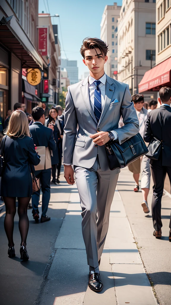 Alex stands on a busy city street during the early morning rush hour. Tall buildings line the street, and people bustle about, hurrying to their destinations. Alex, a young man in his late twenties, stands about 5'10" tall with a fit, athletic build. He has short, neatly styled brown hair and a clean-shaven face. His hazel eyes reflect a sense of urgency mixed with compassion. His facial features are extremely detailed and photorealistic, with beautiful detailed eyes, long eyelashes, and glowing skin. Dressed in a crisp white dress shirt, a light blue tie, and a tailored navy blue suit, he exudes professionalism. His polished black leather shoes shine in the morning light, and he carries a sleek black briefcase in his right hand. A modern silver watch adorns his left wrist. As he approaches the elderly woman, his expression softens, showing his readiness to help.