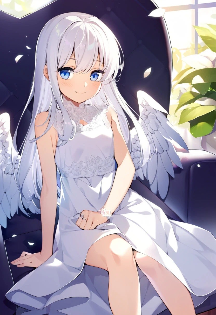 one girl, archangel, angel wing, angel ring, sacred, cute, naive, sitting, 13 years old, beautiful, light blue eyes, white dress, white hair, smile gently at me, legs