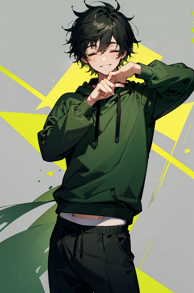 a young man wearing a green sweatshirt, black and gray pants, messy black hair, with closed eyes and smiling.