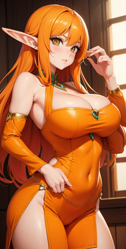 elf girl, big breasts, with exotic orange clothing, Orange hair, amber eyes, anime style