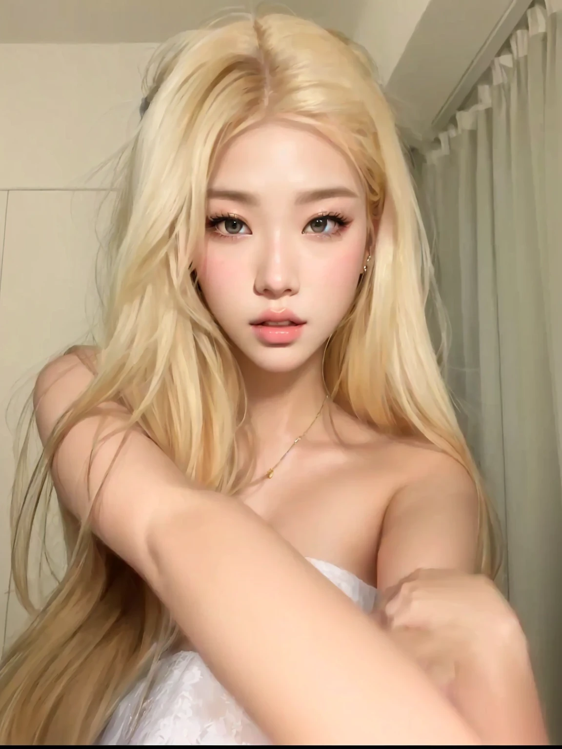 a close-up of a woman with long blonde hair posing for a photo, kawaii realisitic portrait, Retrato de Jossi do Blackpink, role model | artgerm, parque roseanne de blackpink, realisitic anime art style, korean, realisitic. cheng yi, non-style artwork by guweiz, with white long hair, inspired by Yanjun Cheng, big boobies
