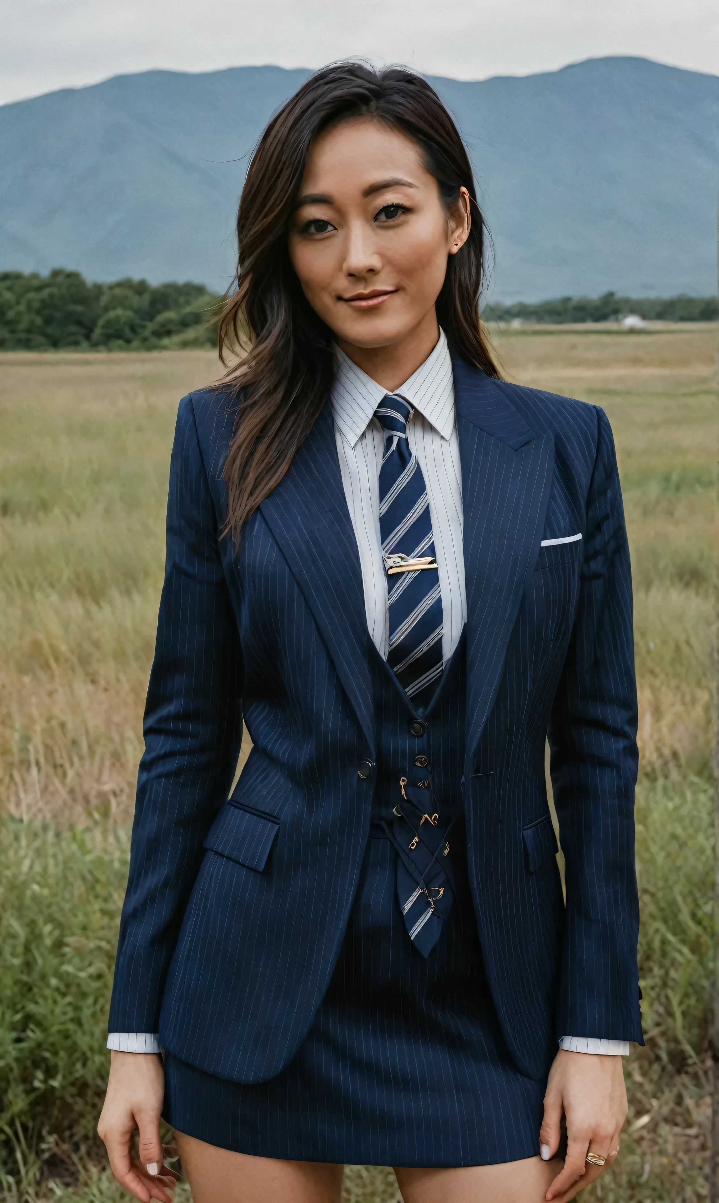 a beautiful picture of fukuharaXL ,woman,detailed skin texture,masterpiece, photorealistic, light, RAW color photo,(fully in frame:1.1), (blush:0.5), (goosebumps:0.5),(((navy pinstripe silk skirt suit))), (((three-piece suit))), (((dress shirt))), (((necktie))), (((blazer))), (((suit jacket))), ((waistcoat)), double-breasted waistcoat, (((bodycon miniskirt))), pocket square, cufflinks, tie clip,detailed face,outdoors, (smile:0.5), film grain,cinematic lightning,fujifilm ,detailed eyes,camera, smile