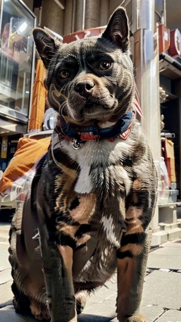 a pitbull dog,in a naruto ninja outfit,striking a dramatic pose,in front of a store,ultra realistic,photorealistic,highly detailed,dynamic,cinematic lighting,vibrant colors,masterpiece