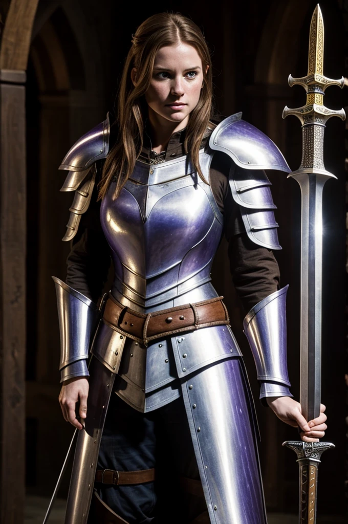 Setting set in medieval times.
Beautiful white-skinned woman with freckles, angry brown hair, armor holding a great sword that radiates a violet light