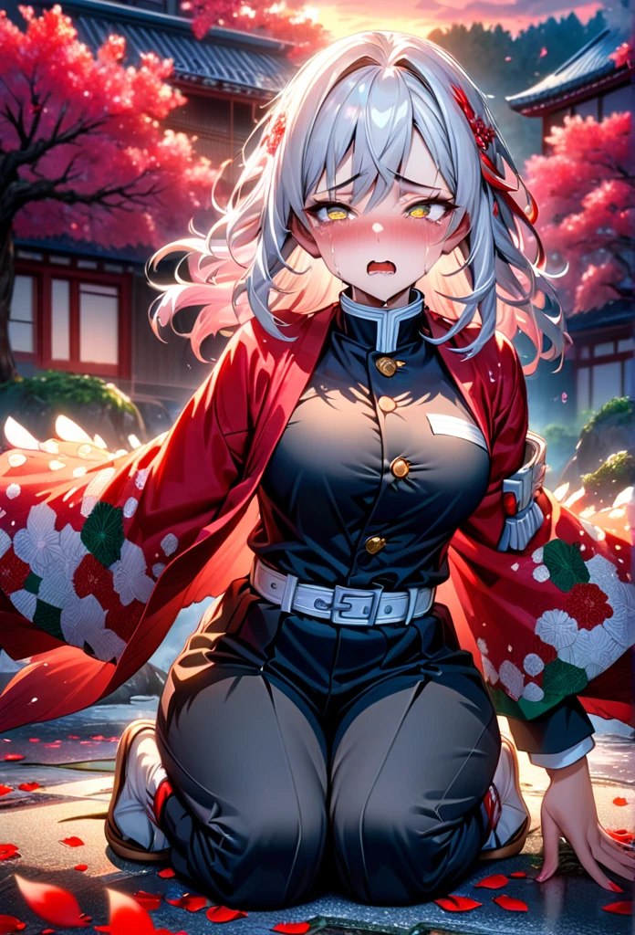 Ultra detailed, high resolution, absurd, HDR, masterpiece, anime girl, beautiful woman, long white hair with red streaks, red streaks of hair, expressive yellow eyes, red haori, black demon slayer uniform, wearing black pants, Kimetsu No Yaiba, fantasy, petals, red flowers, beautiful, woman kneeling on the ground, alone, sunrise, forest next to a Japanese house, best quality, extremely detailed face and eyes, crying, in pain, panic attack