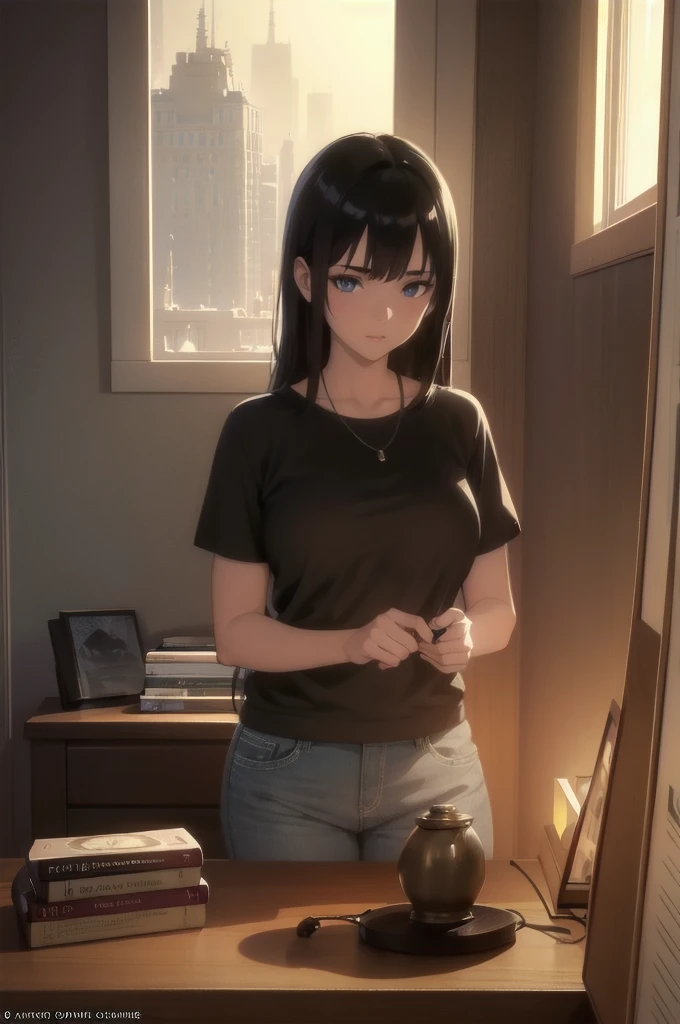 (((photo of a girl))) in a home environment, home light clothes, high detail background in the bedroom. evening tones, light from a table lamp, outside the window panorama of the night city. realistic shaded lighting poster by craig mullins, artgerm, jeremy lipkin and michael garmash, unreal engine, radiant light, detailed and intricate environment, 8k, hdr, award winning, trending on art station, smooth render, low camera angle, 50 mm