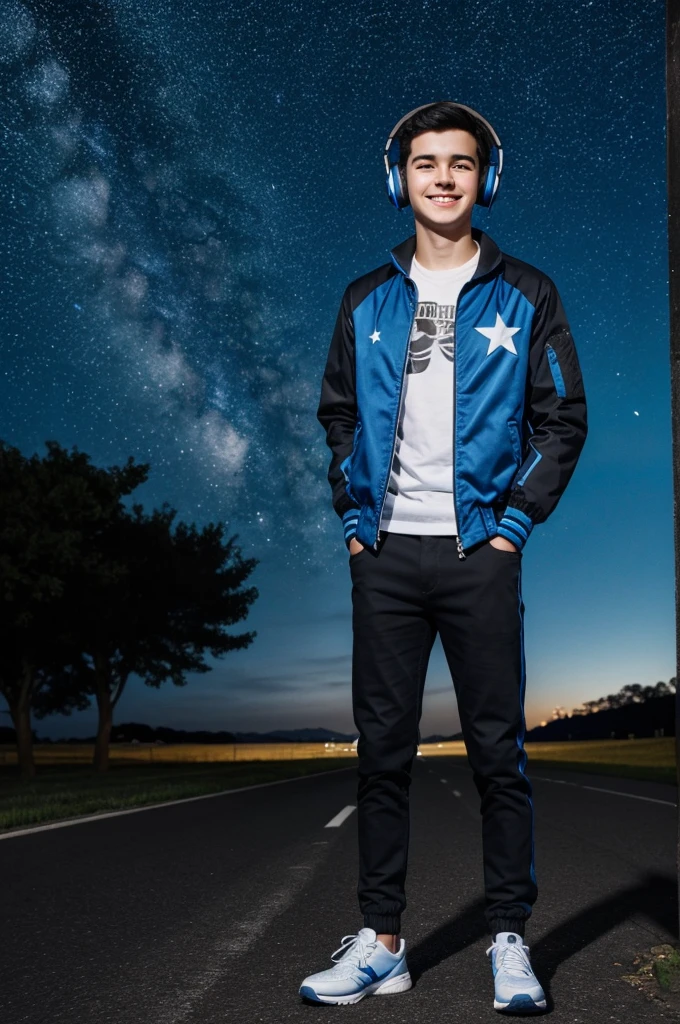 a cheerful dark-haired 17 year old boy with blue headphones on, a blue and black jacket, blue and black pants, black and blue sneakers, and in the background a blue night sky with small stars in the distance