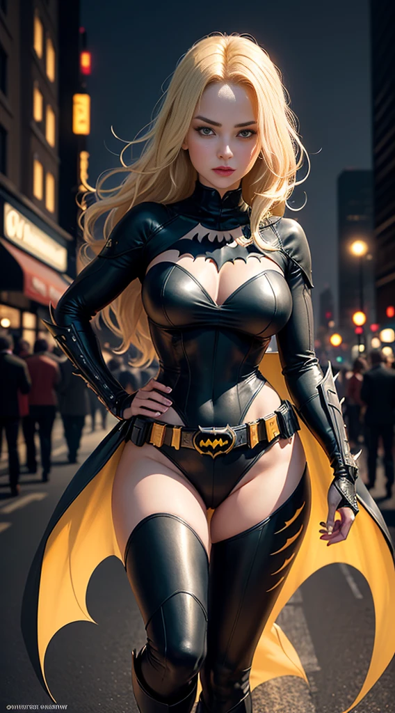 1girl, Full body, style of the Batwoman costume, medium breasts, Yellow Batman Logo on Chest and the belt, masterpiece, best quality, detailed skin texture, detailed cloth texture, beautiful detailed face, intricate details, ultra detailed, straight Blonde hair, dynamic pose, (Night Gotham city street Background), (Best quality, A high resolution, Photorealistic, primitive, 8K,Masterpiece, ),Best quality, Masterpiec8K.hdr. High ribs:1.2, filmgrain, Blur bokeh:1.2, Lens flare, (vivd colour:1.2), (Delicate),