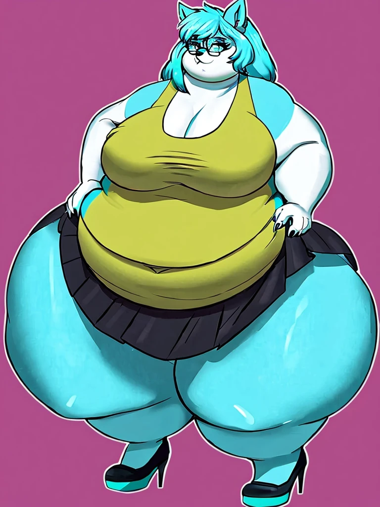 Malamute, female, long cyan hair, huge breasts, huge hips, huge thighs, plump, voluptuous, morbidly obese, feminine, gorgeous, beautiful, eyelashes, fat arms, fat legs, fat neck, chubby cheeks, double chin,tank top, black skirt,cyan hair, cyan fur, cyan eyes, pear-shapped figure, claws,cyan claws simple background, rectangular glasses ,  , fullbody, graceful,cyan eyes, bottom heavy tufy of hair on eye, big belly, high heels