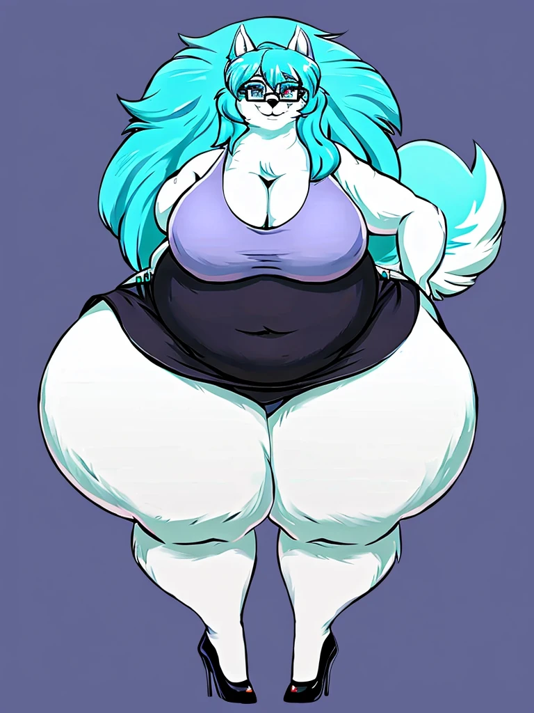 Malamute, female, long cyan hair, huge breasts, huge hips, huge thighs, plump, voluptuous, morbidly obese, feminine, gorgeous, beautiful, eyelashes, fat arms, fat legs, fat neck, chubby cheeks, double chin,tank top, black skirt,cyan hair, cyan fur, cyan eyes, pear-shapped figure, claws,cyan claws simple background, rectangular glasses , , fullbody, graceful,cyan eyes, bottom heavy tufy of hair on eye, big belly, high heels