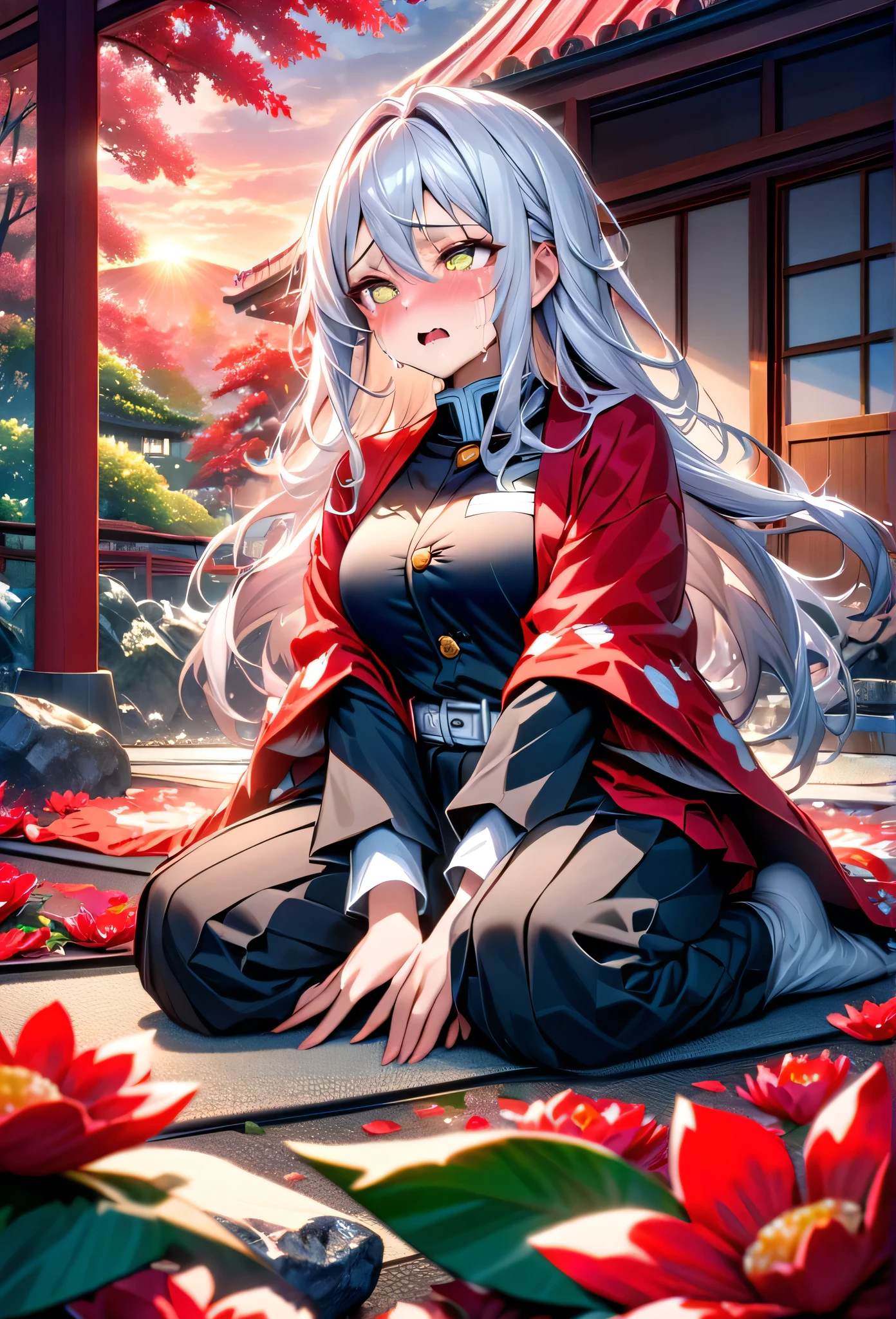 Ultra detailed, high resolution, absurd, HDR, masterpiece, anime girl, beautiful woman, long white hair with red streaks, expressive yellow eyes, red haori, black demon slayer uniform, wearing black pants, Kimetsu No Yaiba, fantasy, petals, red flowers, beautiful, woman kneeling on the ground, alone, sunrise, forest next to a Japanese house, best quality, extremely detailed face and eyes, crying, in pain, panic attack