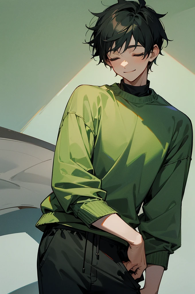 a young man wearing a green sweatshirt, black and gray pants, Bblack hair, with closed eyes and smiling.