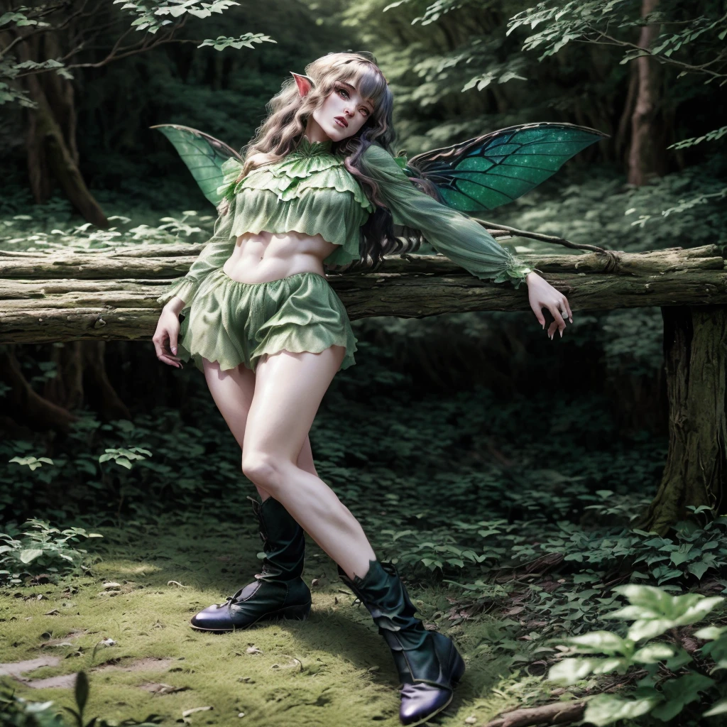 araffe fairy in green dress posing on a wooden bench, forest fae, forest fairy, insect trainer girl, very beautiful elven top model, fantasy photoshoot, fantasy style clothing, fey queen of the summer forest, faerie, dryad in the forest, fantasy outfit, fae teenage girl, brunette elf with fairy wings, muscles, abs, muscular