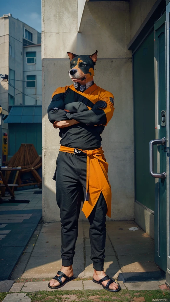 a pitbull dog,in a naruto ninja outfit,striking a dramatic pose,in front of a store,ultra realistic,photorealistic,highly detailed,dynamic,cinematic lighting,vibrant colors,masterpiece