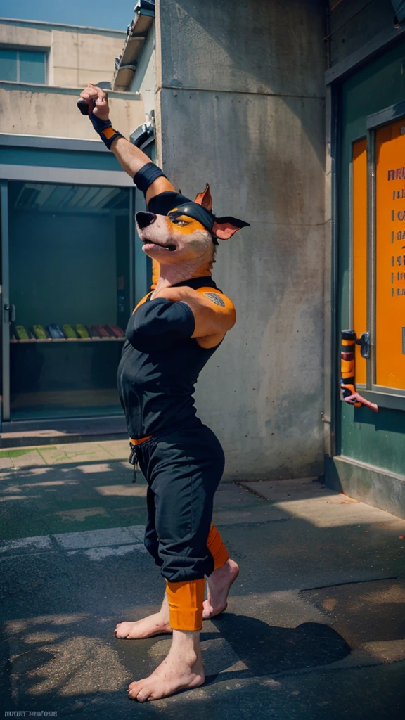 a pitbull dog,in a naruto ninja outfit,striking a dramatic pose,in front of a store,ultra realistic,photorealistic,highly detailed,dynamic,cinematic lighting,vibrant colors,masterpiece