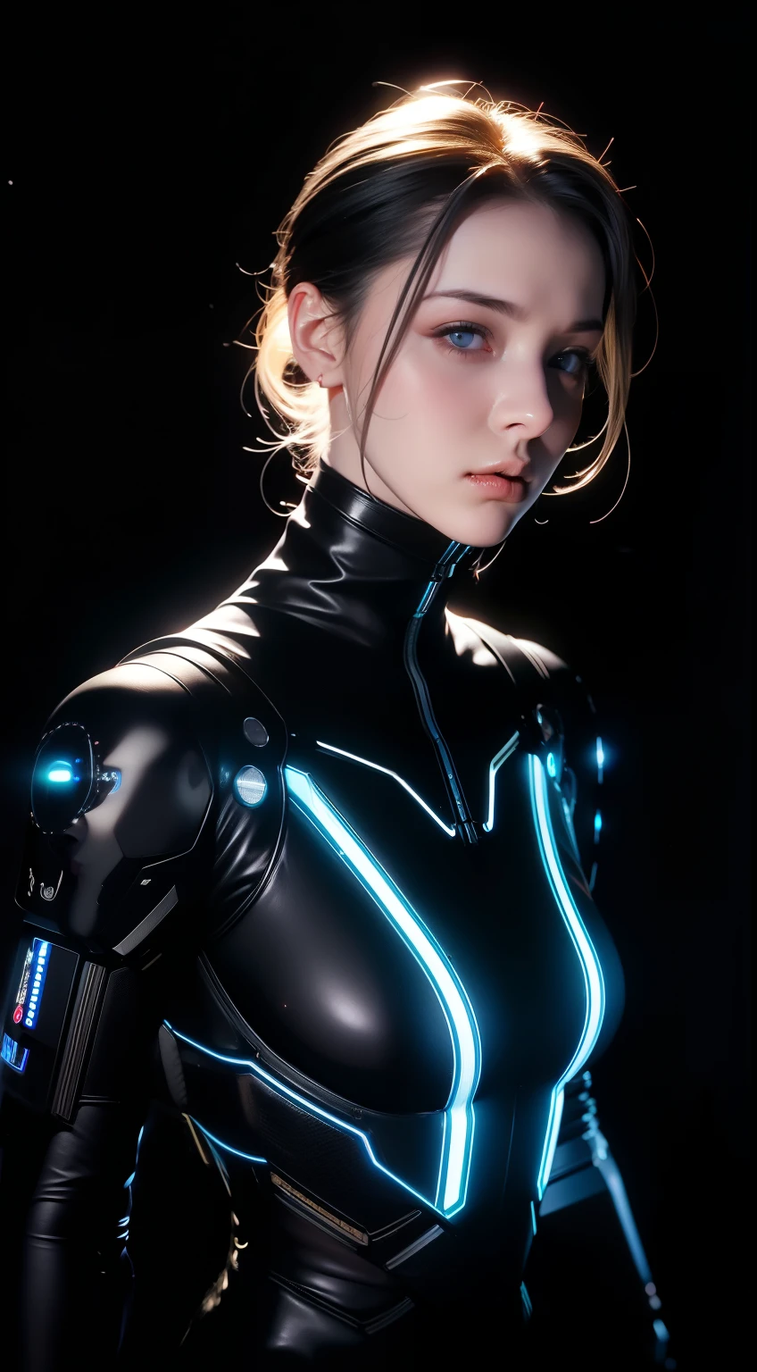 (extremely detailed, masterpiece, best quality), intense illumination, young blonde woman inside cyberpunk exoskeleton. neon lights, ((dark black background:1.4))