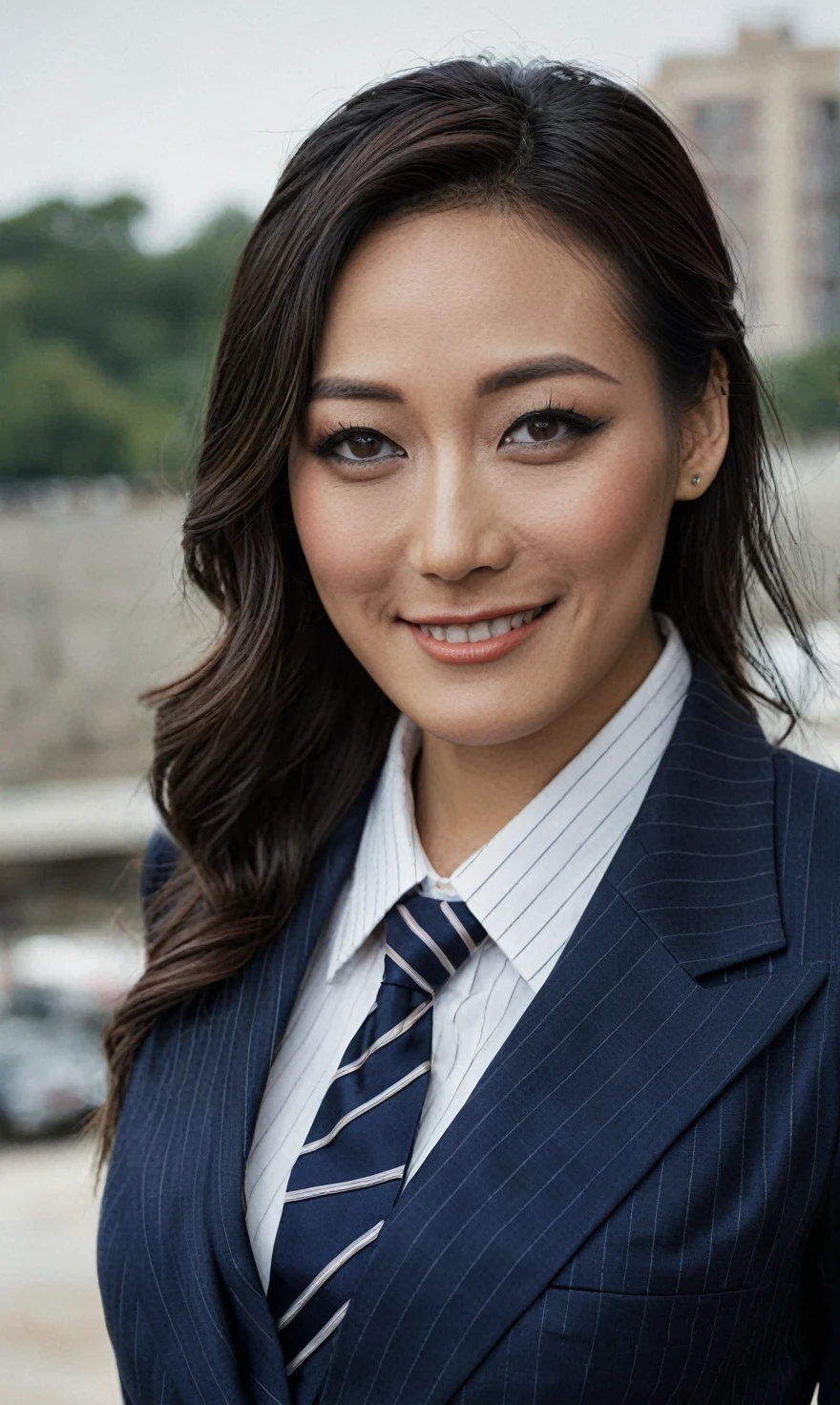 a beautiful picture of fukuharaXL ,woman,detailed skin texture,masterpiece, photorealistic, light, RAW color photo,(fully in frame:1.1), (blush:0.5), (goosebumps:0.5),(((navy pinstripe silk skirt suit))), (((three-piece suit))), (((dress shirt))), (((necktie))), (((blazer))), (((suit jacket))), ((waistcoat)), double-breasted waistcoat, (((bodycon miniskirt))), pocket square, cufflinks, tie clip,detailed face,outdoors, (smile:0.5), film grain,cinematic lightning,fujifilm ,detailed eyes,camera, smile, office background, hair down, makeup, lipstick, mascara, eyeliner eyeshadow