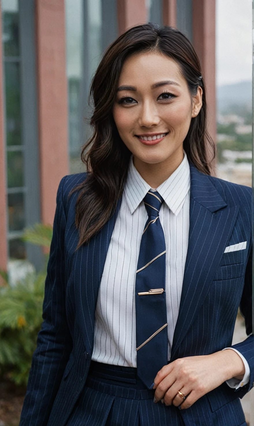 a beautiful picture of fukuharaXL ,woman,detailed skin texture,masterpiece, photorealistic, light, RAW color photo,(fully in frame:1.1), (blush:0.5), (goosebumps:0.5),(((navy pinstripe silk skirt suit))), (((three-piece suit))), (((dress shirt))), (((necktie))), (((blazer))), (((suit jacket))), ((waistcoat)), double-breasted waistcoat, (((bodycon miniskirt))), pocket square, cufflinks, tie clip,detailed face,outdoors, (smile:0.5), film grain,cinematic lightning,fujifilm ,detailed eyes,camera, smile, office background, hair down, makeup, lipstick, mascara, eyeliner eyeshadow