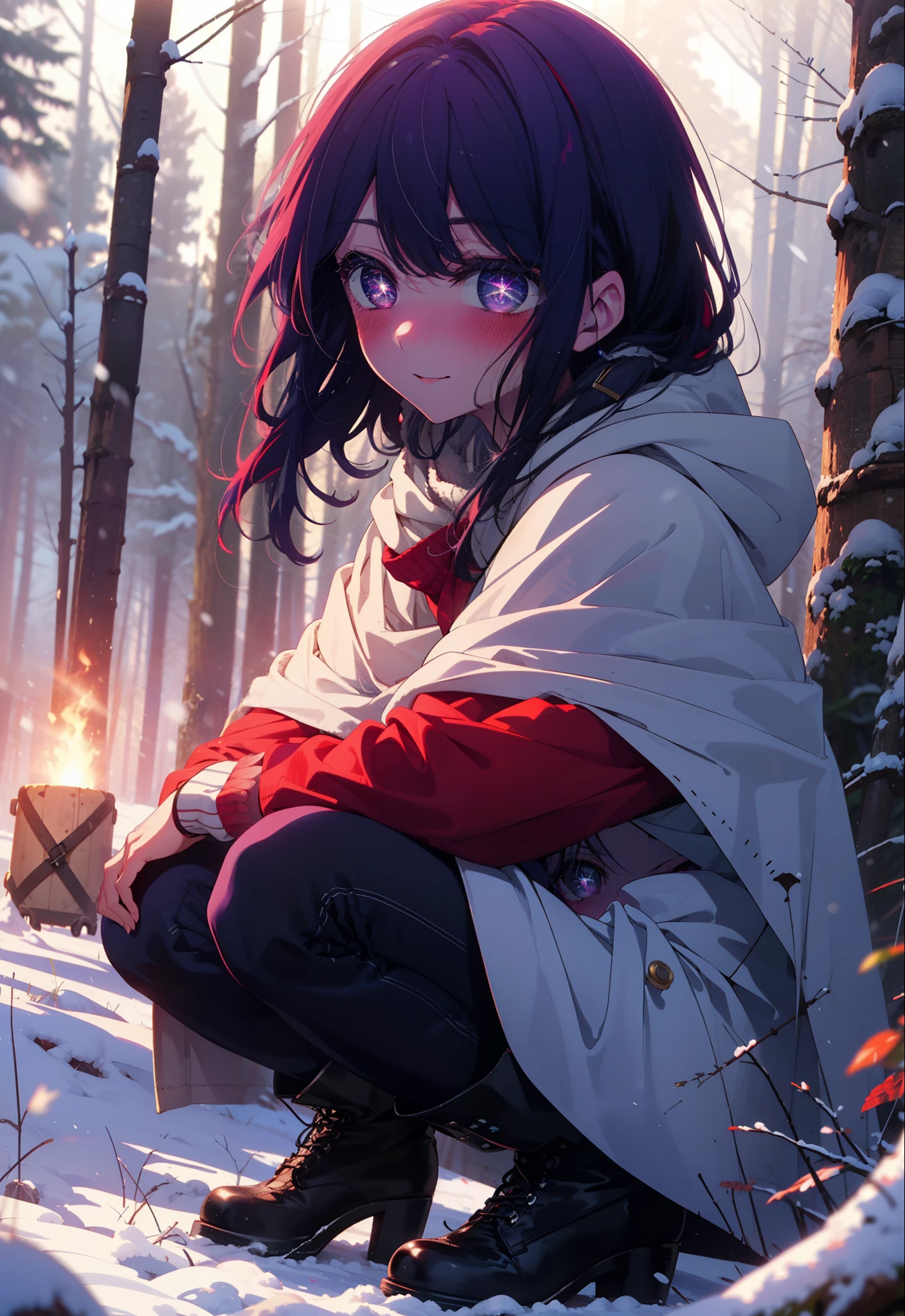 aihoshino, Ai Hoshino, Long Hair, bangs, (Purple eyes:1.1), Purple Hair, (Symbol-shaped pupil:1.5), smile,,smile,blush,white breath,
Open your mouth,snow,Ground bonfire, Outdoor, boots, snowing, From the side, wood, suitcase, Cape, Blurred, , forest, White handbag, nature,  Squat, Mouth closed, Cape, winter, Written boundary depth, Black shoes, red Cape break looking at viewer, Upper Body, whole body, break Outdoor, forest, nature, break (masterpiece:1.2), Highest quality, High resolution, unity 8k wallpaper, (shape:0.8), (Beautiful and beautiful eyes:1.6), Highly detailed face, Perfect lighting, Extremely detailed CG, (Perfect hands, Perfect Anatomy),