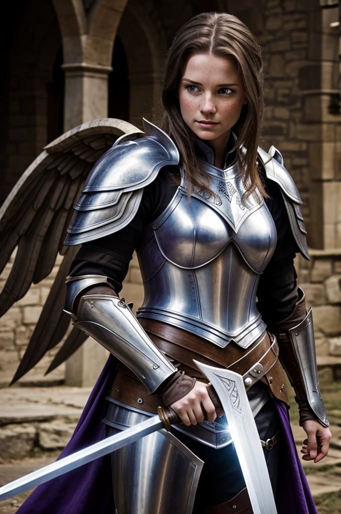 Setting set in medieval times.
Beautiful white-skinned woman with freckles with gray wings, angry brown hair, armor holding a great sword that radiates a violet light