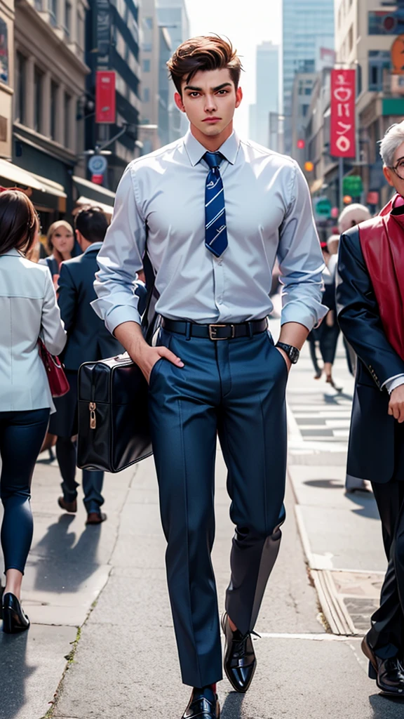 Alex stands on a busy city street during the early morning rush hour. Tall buildings line the street, and people bustle about, hurrying to their destinations. Alex, a young man in his late twenties, stands about 5'10" tall with a fit, athletic build. He has short, neatly styled brown hair and a clean-shaven face. His hazel eyes reflect a sense of urgency mixed with compassion. His facial features are extremely detailed and photorealistic, with beautiful detailed eyes, long eyelashes, and glowing skin. Dressed in a crisp white dress shirt, a light blue tie, and a tailored navy blue suit, he exudes professionalism. His polished black leather shoes shine in the morning light, and he carries a sleek black briefcase in his right hand. A modern silver watch adorns his left wrist. As he approaches the elderly woman, his expression softens, showing his readiness to help.