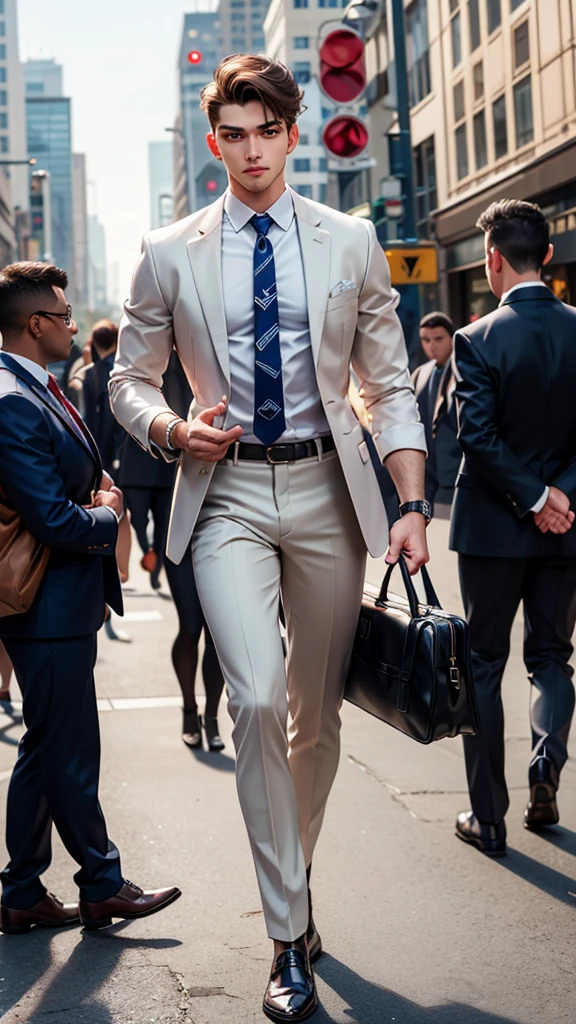 Alex stands on a busy city street during the early morning rush hour. Tall buildings line the street, and people bustle about, hurrying to their destinations. Alex, a young man in his late twenties, stands about 5'10" tall with a fit, athletic build. He has short, neatly styled brown hair and a clean-shaven face. His hazel eyes reflect a sense of urgency mixed with compassion. His facial features are extremely detailed and photorealistic, with beautiful detailed eyes, long eyelashes, and glowing skin. Dressed in a crisp white dress shirt, a light blue tie, and a tailored navy blue suit, he exudes professionalism. His polished black leather shoes shine in the morning light, and he carries a sleek black briefcase in his right hand. A modern silver watch adorns his left wrist. As he approaches the elderly woman, his expression softens, showing his readiness to help.