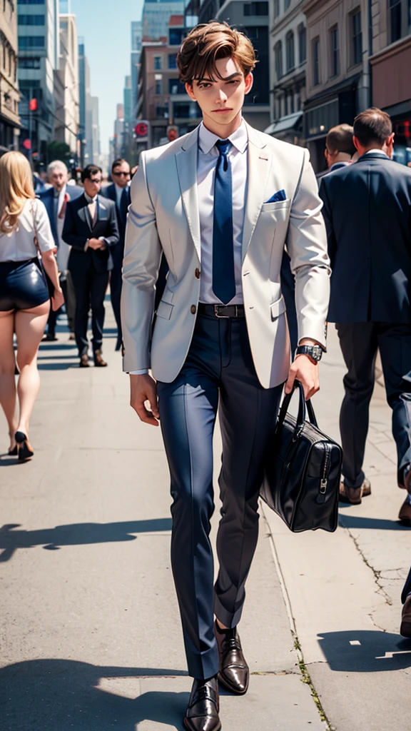 Alex stands on a busy city street during the early morning rush hour. Tall buildings line the street, and people bustle about, hurrying to their destinations. Alex, a young man in his late twenties, stands about 5'10" tall with a fit, athletic build. He has short, neatly styled brown hair and a clean-shaven face. His hazel eyes reflect a sense of urgency mixed with compassion. His facial features are extremely detailed and photorealistic, with beautiful detailed eyes, long eyelashes, and glowing skin. Dressed in a crisp white dress shirt, a light blue tie, and a tailored navy blue suit, he exudes professionalism. His polished black leather shoes shine in the morning light, and he carries a sleek black briefcase in his right hand. A modern silver watch adorns his left wrist. As he approaches the elderly woman, his expression softens, showing his readiness to help.