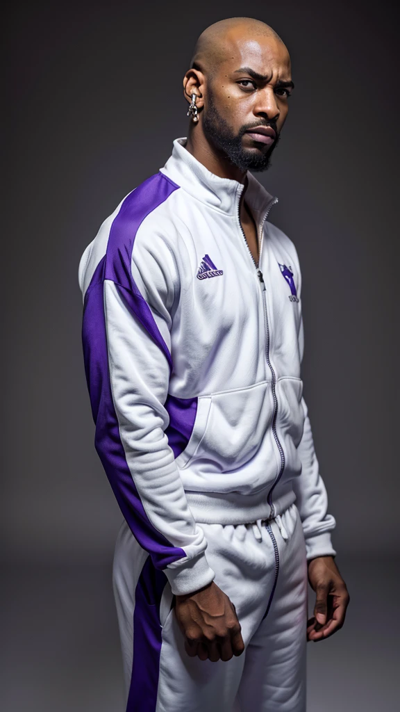 The character stands in full height, arms at his sides, African American, man, bald, angry, wild, blind left eye, broken nose, bearded, earring in his ear, looking menacingly at the camera, in a dirty white and purple tracksuit, contrasting white background, cinematic lighting, digital painting, dramatic, noir style