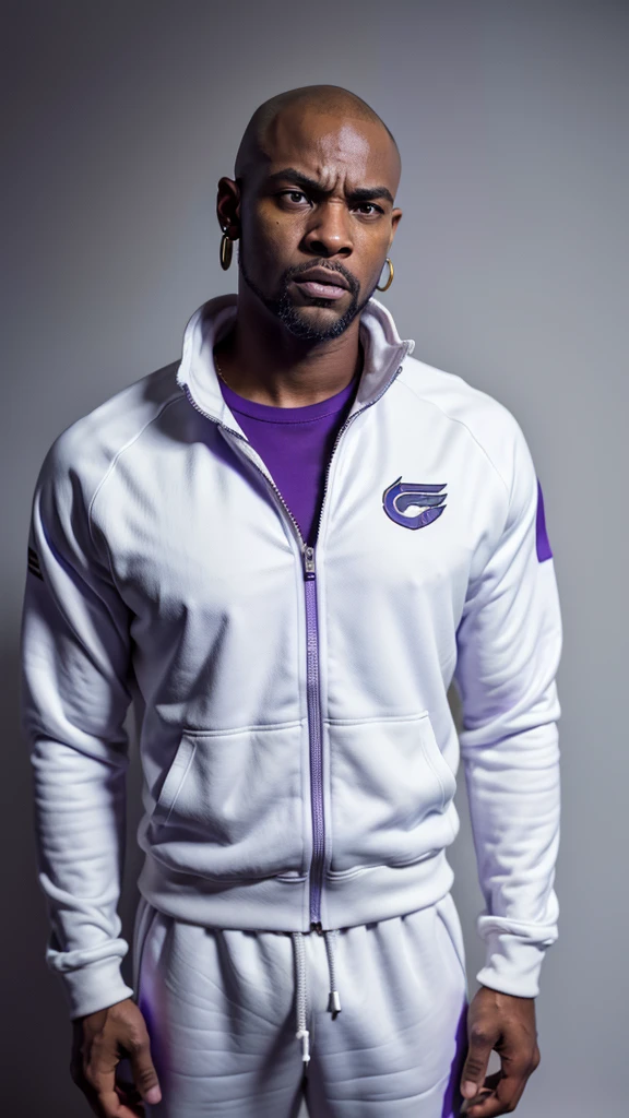 The character stands in full height, arms at his sides, African American, man, bald, angry, wild, blind left eye, broken nose, bearded, earring in his ear, looking menacingly at the camera, in a dirty white and purple tracksuit, contrasting white background, cinematic lighting, digital painting, dramatic, noir style