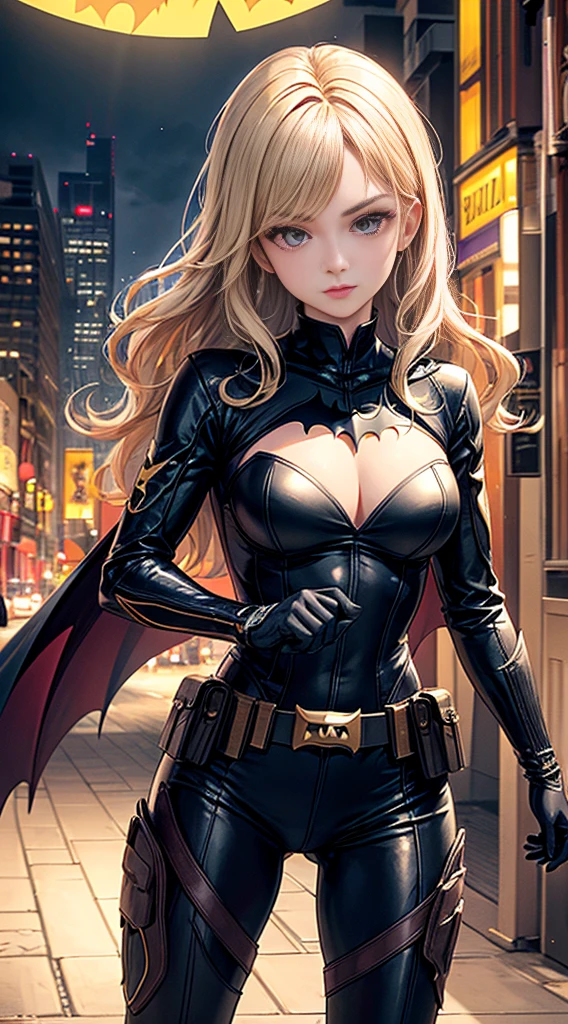 1girl, Full body, style of the Batwoman costume, medium breasts, Yellow Batman Logo on Chest and the belt, masterpiece, best quality, detailed skin texture, detailed cloth texture, beautiful detailed face, intricate details, ultra detailed, straight Blonde hair, dynamic pose, (Night Gotham city street Background), (Best quality, A high resolution, Photorealistic, primitive, 8K,Masterpiece, ),Best quality, Masterpiec8K.hdr. High ribs:1.2, filmgrain, Blur bokeh:1.2, Lens flare, (vivd colour:1.2), (Delicate),