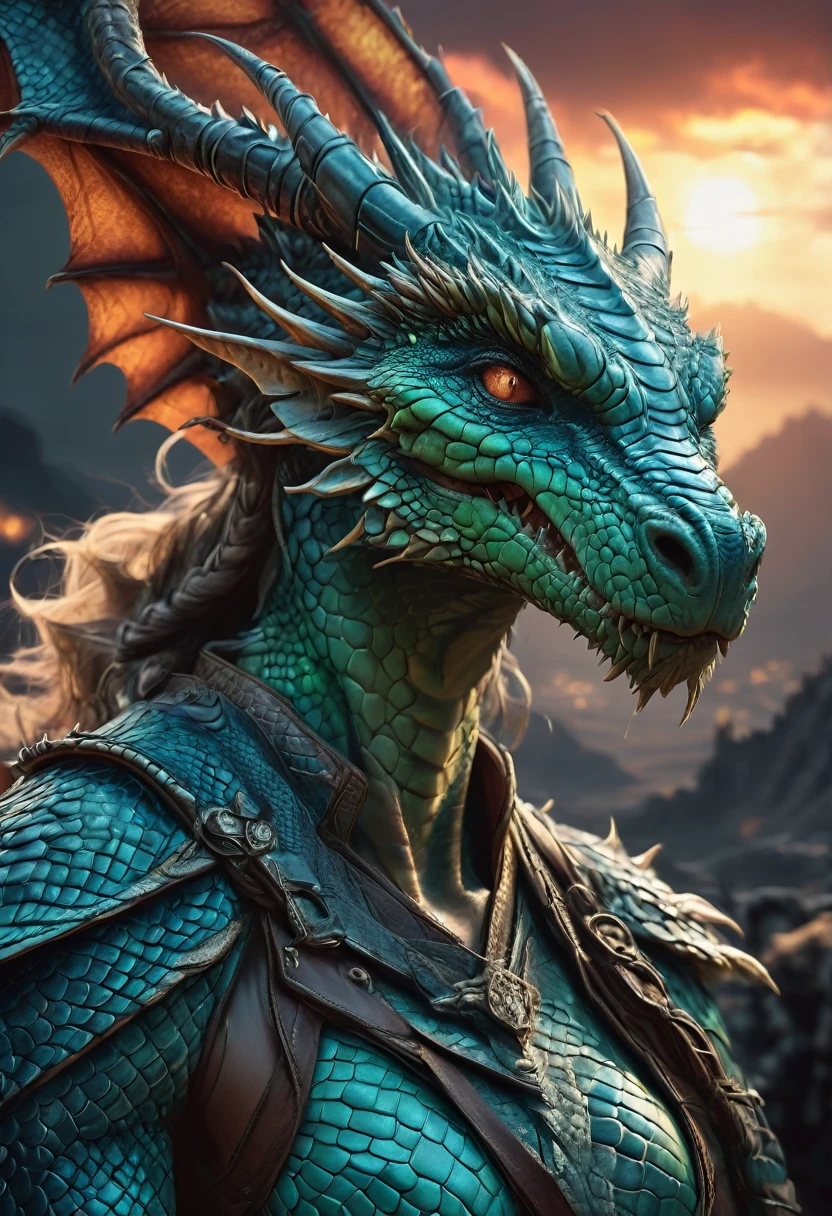 Hyperrealistic art female human dragon hybrid, covered in matte scales as skin, extreme close-up, striking reptilian eyes, dragon horns, bald, braided ponytail, exudes confidence and power, sunet, rim lighting, cold colors. style of Don Lawrence, style of (Will Murai:1.2), style of (Greg Rutkowski:0.8), . Extremely high-resolution details, photographic, realism pushed to extreme, fine texture, incredibly lifelike
