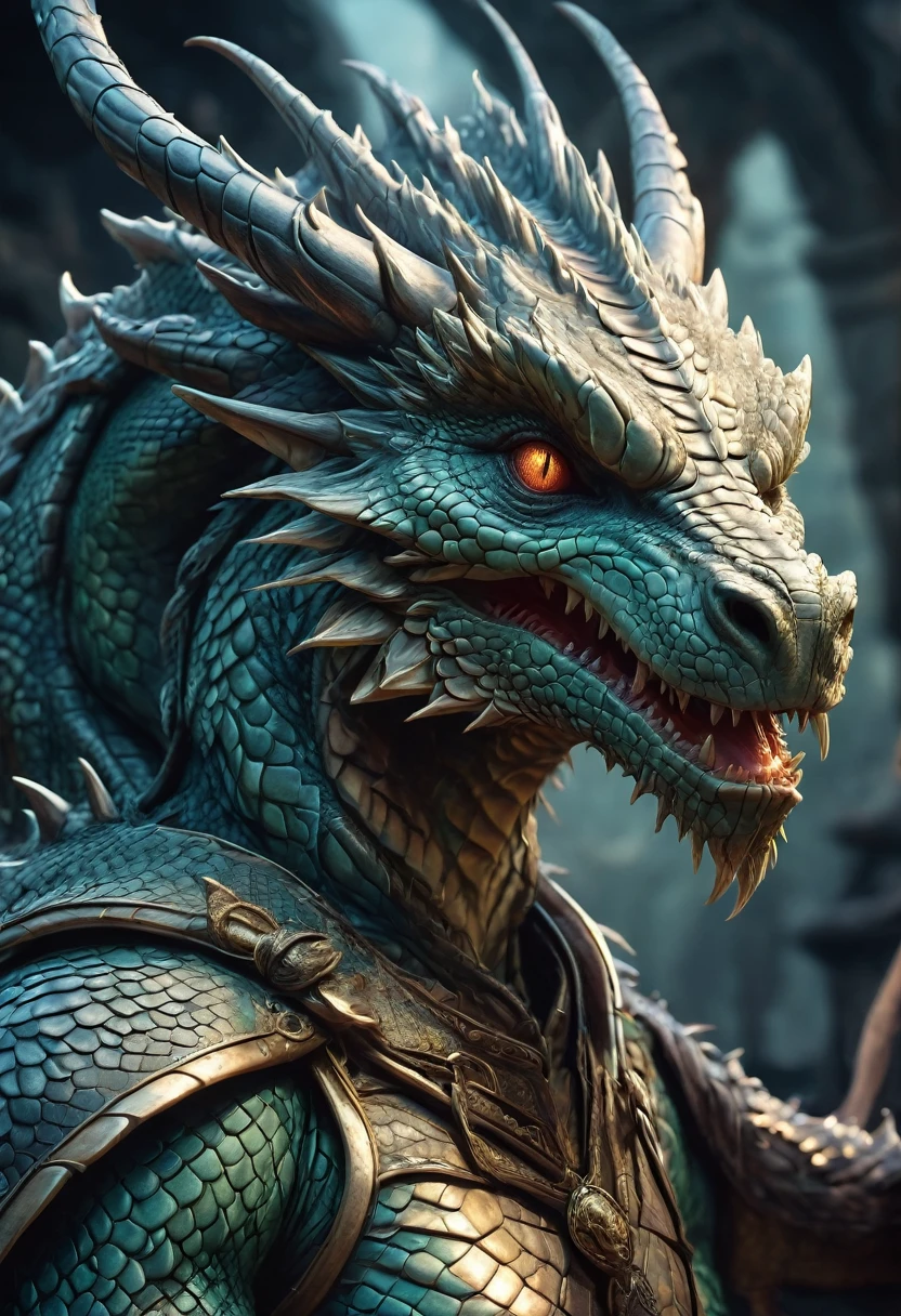 Hyperrealistic art female human dragon hybrid, covered in matte scales as skin, extreme close-up, striking reptilian eyes, dragon horns, bald, braided ponytail, exudes confidence and power, sunet, rim lighting, cold colors. style of Don Lawrence, style of (Will Murai:1.2), style of (Greg Rutkowski:0.8),  . Extremely high-resolution details, photographic, realism pushed to extreme, fine texture, incredibly lifelike