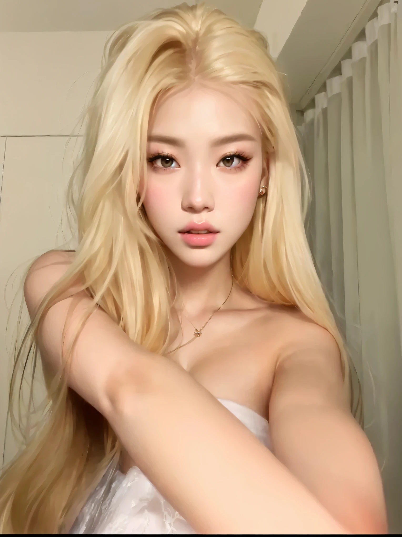 a close-up of a woman with long blonde hair posing for a photo, kawaii realisitic portrait, Retrato de Jossi do Blackpink, role model | artgerm, parque roseanne de blackpink, realisitic anime art style,  korean, realisitic. cheng yi, non-style artwork by guweiz, with white long hair, inspired by Yanjun Cheng, big boobies