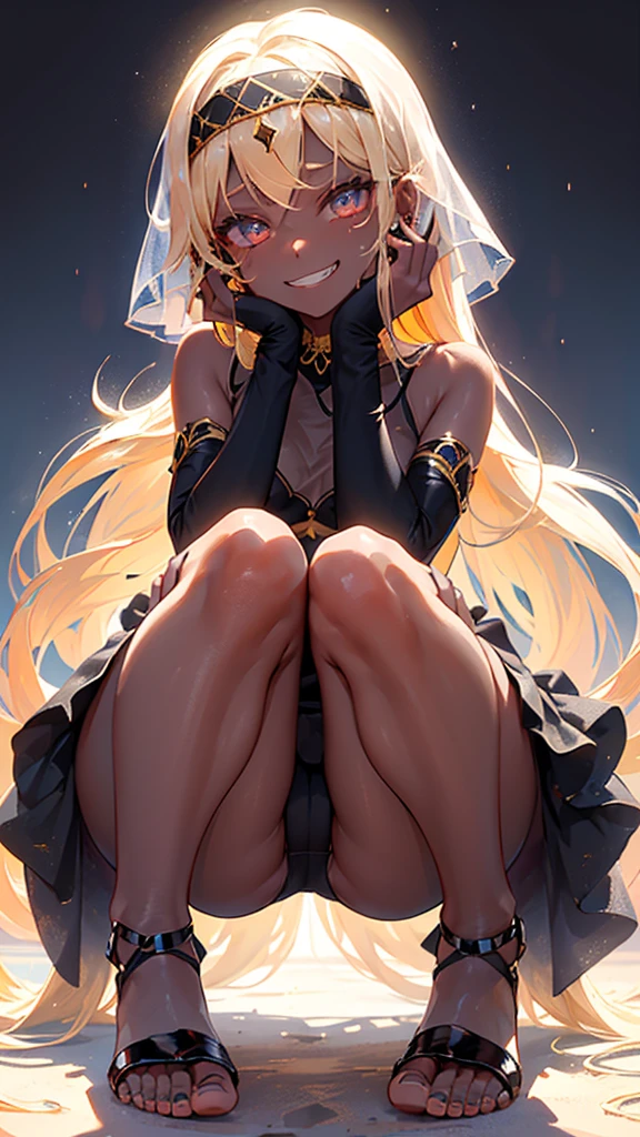 1girl, Angle from below:1.8, The girl bends forward to show off her breasts、legs apart, (Blade), (Tanned shiny black skin:1.6)、Glowing Eyes, ((Sexy evil grin)), ( girl), blondes、Twin tails、forehead、Small breasts, hat, ((((arabian clothes, see-through)), (headband), (Areola Slip), small breasts, (jewelry)))、desert, ((sahara))、foot, ((foot))、(Put your hands behind your head)、arm pits, (Ass), (foot), Ass, (squat)、front, dagger、((footjob)),