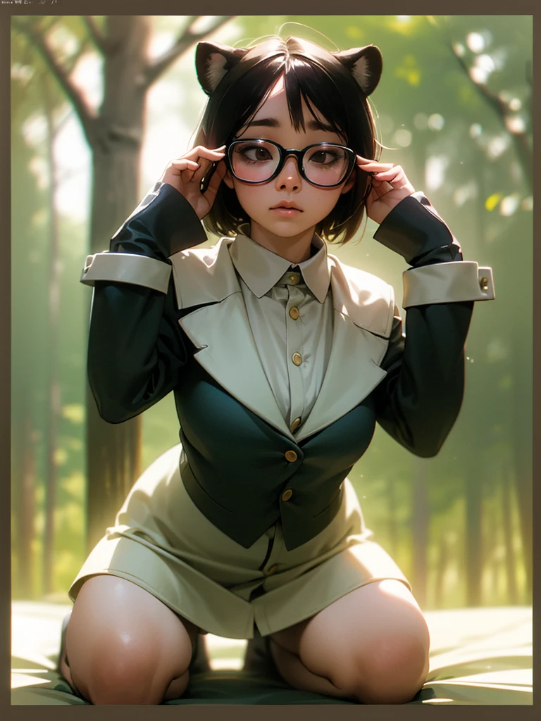 (Sumilux f1.4 75mm , low Latitude old color negative film , cross process , bokeh, flare, chromatic aberration , soft focus, (Shallow focus) , soft glow , Maximum aperture, High Key , Transparent depiction) , realistic female raccoon dog , butter face , two apart melons , Thick-rimmed glasses , in the foggy forest , clothed erotica , Kneeling and looking up to the sky , looking away , hands up , The third button is open