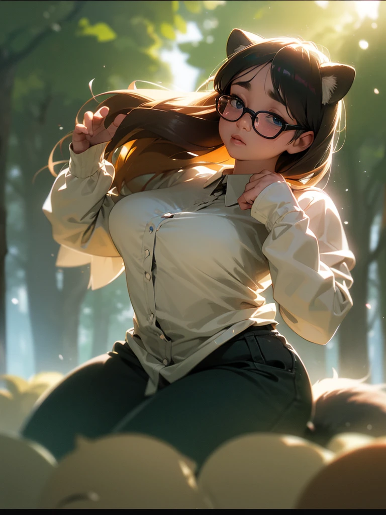 (Sumilux f1.4 75mm , low Latitude old color negative film , cross process , bokeh, flare, chromatic aberration , soft focus, (Shallow focus) , soft glow , Maximum aperture, High Key , Transparent depiction) , realistic female raccoon dog , butter face , two apart melons , Thick-rimmed glasses , in the foggy forest , clothed erotica , Kneeling and looking up to the sky , looking away , hands up , The third button is open