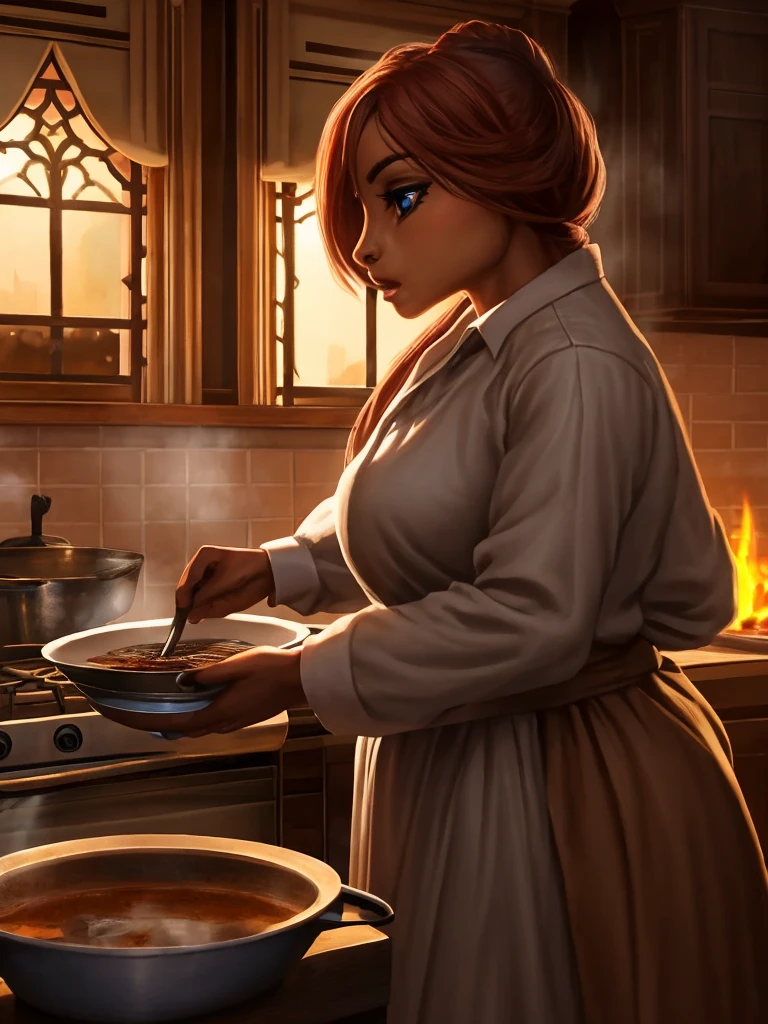 a woman cooking a meal in the kitchen, intricate details, highly realistic, cinematic lighting, warm color tones, cooking utensils, prepared ingredients, steam coming from the pots, focused expression on the woman's face, beautiful detailed eyes, beautiful detailed lips, extremely detailed eyes and face, long eyelashes, 1 woman, oil painting, photorealistic, 8k, best quality, masterpiece, ultra-detailed, physically-based rendering, professional, vivid colors