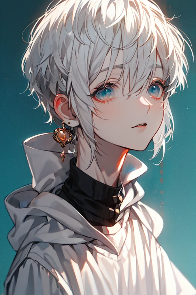 Masterpiece, best quality, high quality, ultra detailed, 1Boy, white hair, cute, black clothes, lots of earrings, looking at viewer, simple background