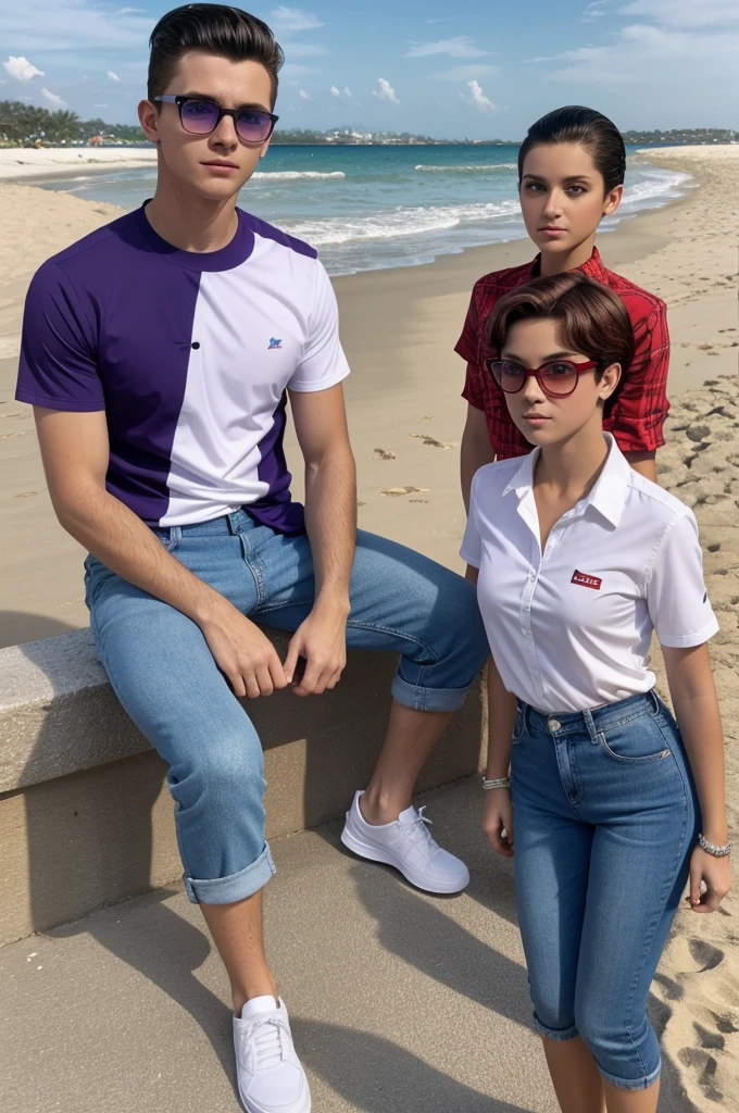 White skinned boy, short hair, with upturned pompadour, big and bright eyes, delgado con camisa de Spiderman y blue jeans y tenes negros, accompanied by a girl who is a teacher, by tez morena, short hair, straight, red color with side fringe, slim, wear purple glasses, red mouth, White shirt, blue jeans, white tennis shoes, on a romantic date on the beach