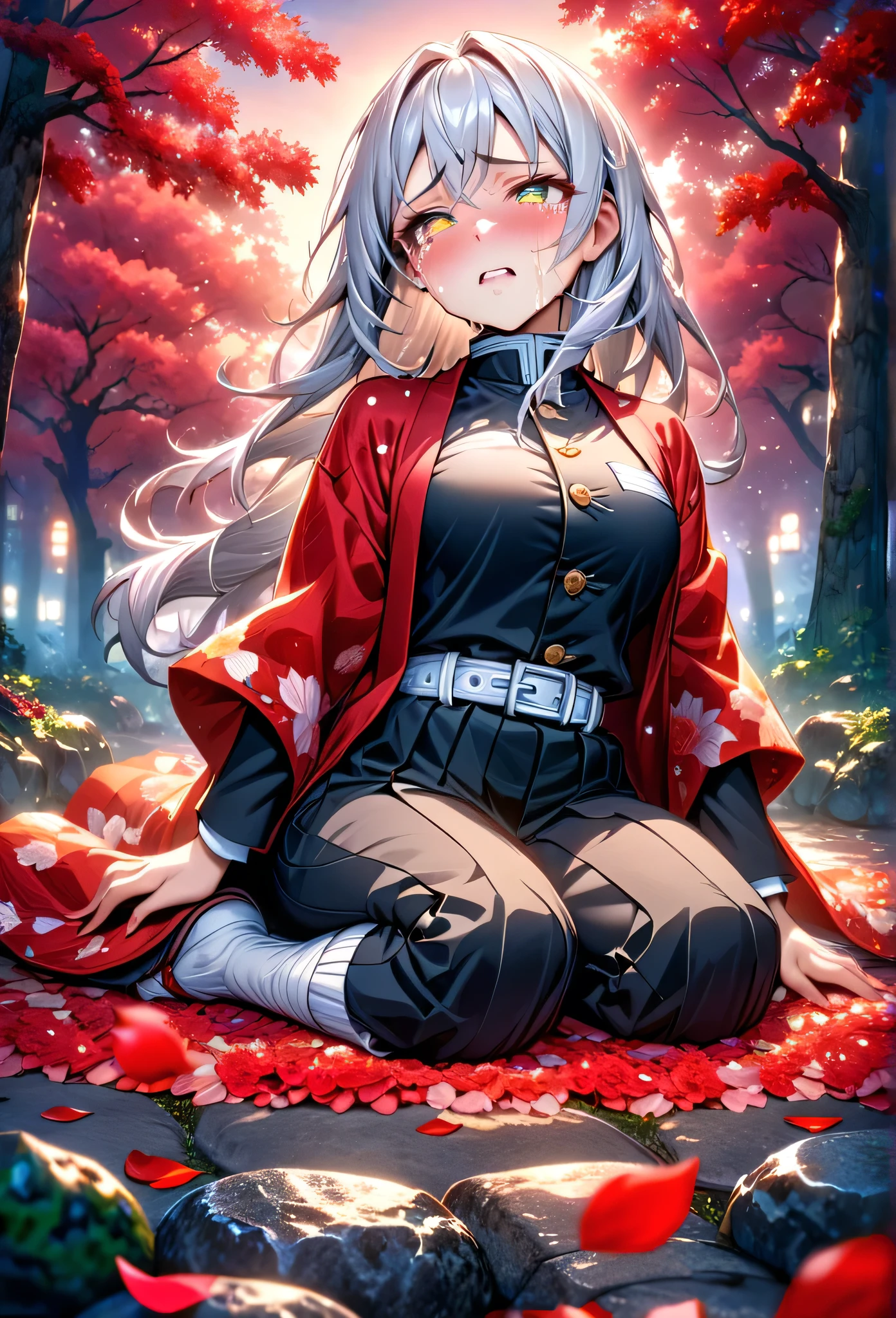 Ultra detailed, high resolution, absurd, HDR, masterpiece, anime girl, beautiful woman, long white hair with red streaks, red streaks of hair, expressive yellow eyes, red haori, black demon slayer uniform, wearing black pants, Kimetsu No Yaiba, fantasy, petals, red flowers, beautiful, woman kneeling on the ground, alone, sunrise, forest next to a Japanese house, best quality, extremely detailed face and eyes, crying, in pain, panic attack